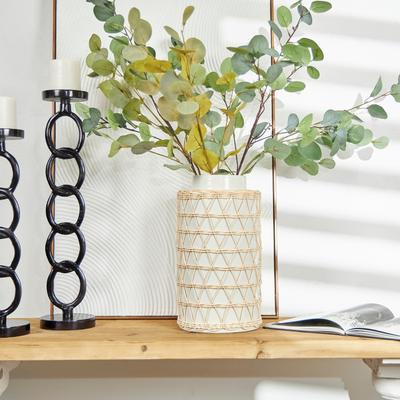 ARCILLA ELEMENTAL "White Ceramic Handmade Decorative Vase with Woven Rattan Exterior - 8""W, 15""H"