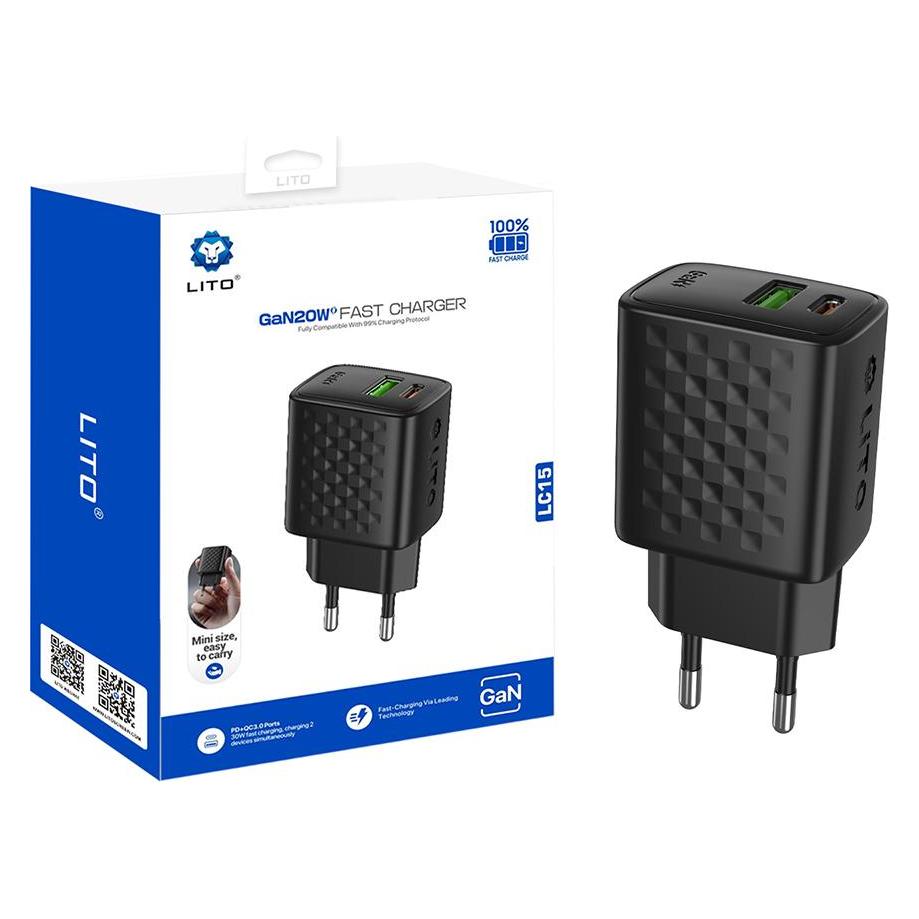 Lito - Wall Charger (LC15) - Type-C, USB Output, PD20W, GaN, PC Fireproof, EU Plug - Black (20 W, 1 Port) (61003423)