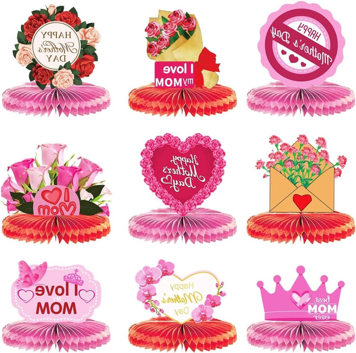 Roze papieren honeycomb tafeldecoraties en bloemen voor moederdag en verjaardagen