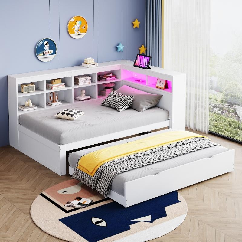 Massivholzbett 90x200cm mit Ausziehbett, USB-Steckdose, LED-Licht und Regalen, weißes Schlafsofa mit Stauraum für Wohnraum und Gästezimmer