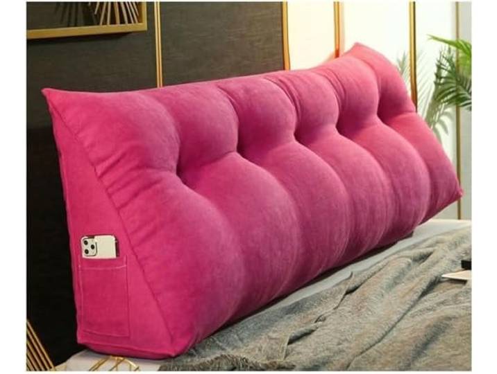 Großes dreieckiges Lesekeilkissen, verstellbares Kopfteil, Rückenkissen, Kopfteil, ideal for Sitzen beim Faulenzen im Bett, dreieckiges Rückenkissen mit Taschen und abnehmbarem Bezug ( Color : Pink-re