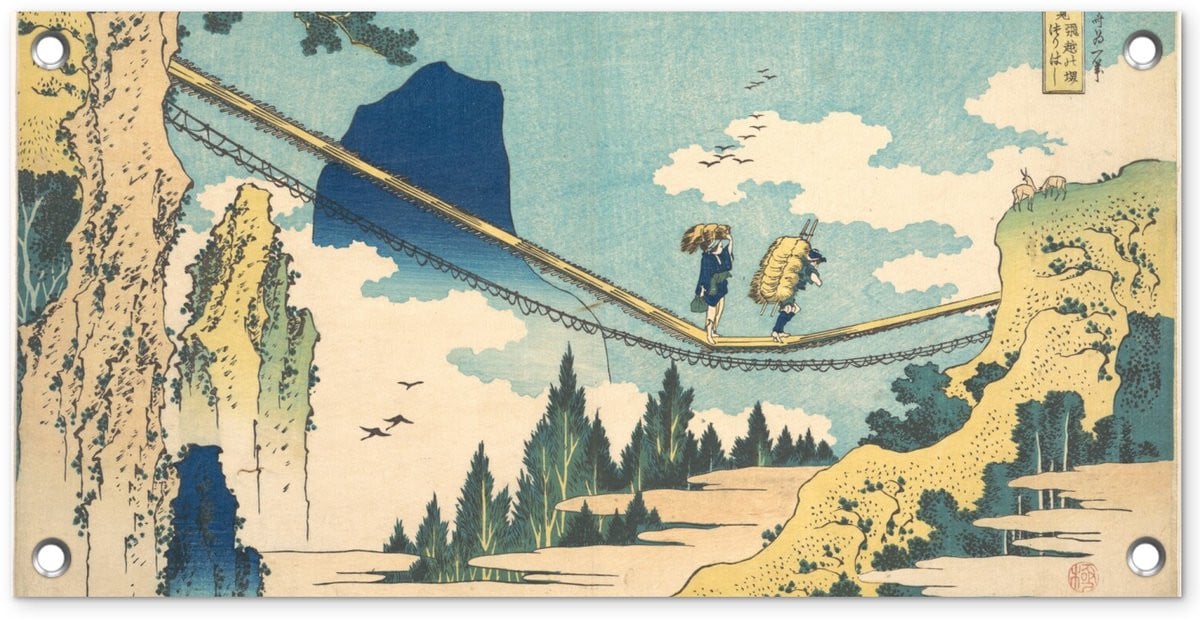 Tuinposter Hokusai Hangbrug op de grens van Hida en Etchu - Tuindecoratie voor buiten - B/H: 60 x 30 cm
