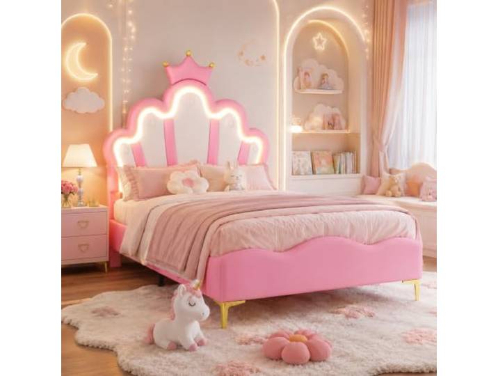 Einzelbett 90x200 cm, LED Bett Kinderbett Prinzessinnenbett für Mädchen, Polsterbett Jugendbett mit kronenförmiges Design und verstellbarem Kopfteil für Kinderzimmer, ohne Matratze (Rosa Krone)