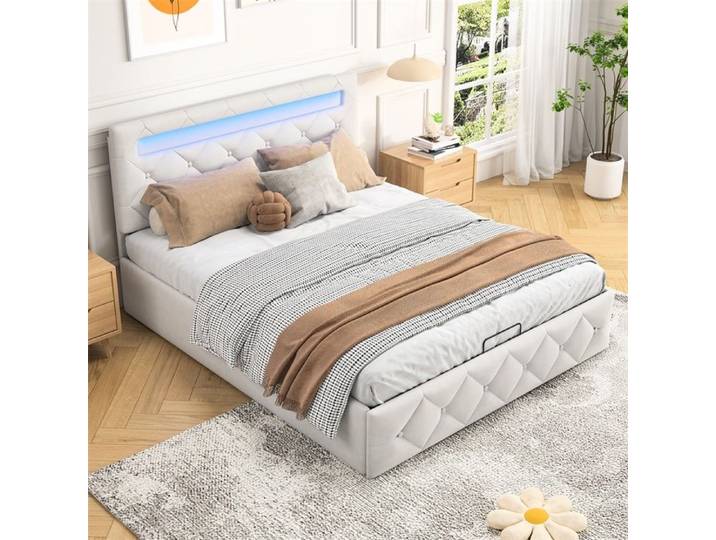 Lit 140x200cm - Lit coffre 140x200cm - Lit adulte capitonné velours avec sommier relevable et tête de Lit LED - Beige