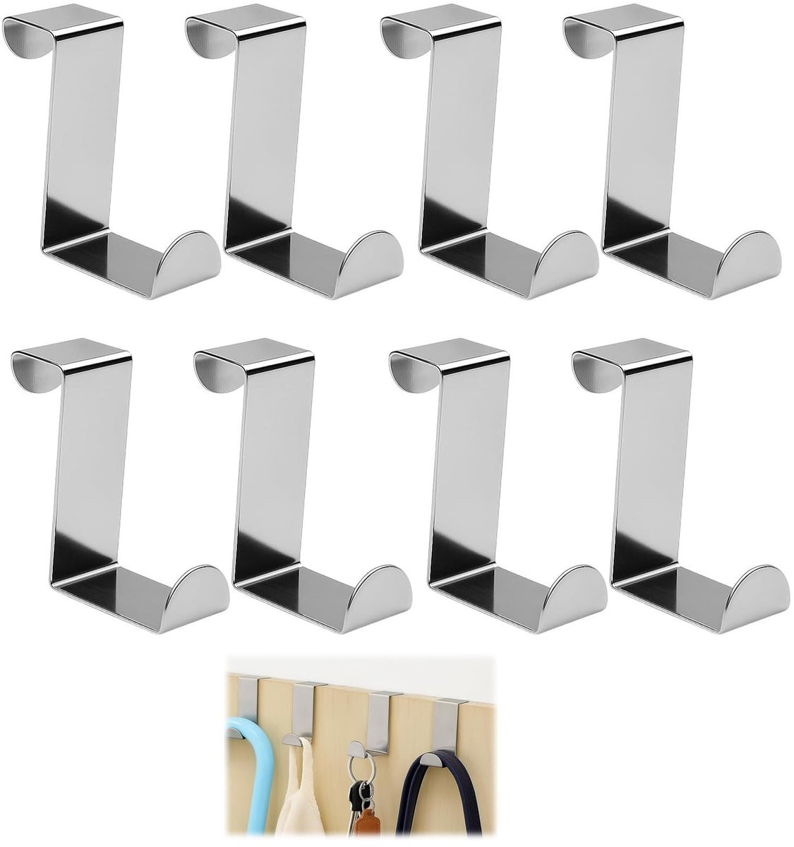 Dailygoods Set van 8 Roestvrij Stalen Deurhaken - Ruimtebesparende Raamhaakjes voor het Huishouden