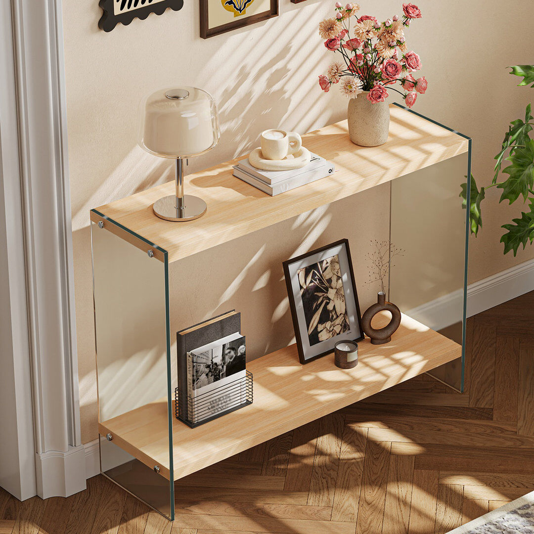 Metro Rectangular Tempered Glass Console Table Entryway Storage Table With Wood-toned Mdf Top And Storage Shelf For Hallway, Living Room, Foyer, Apartment, Natural Wood 76cm H x 100cm W x 30cm D