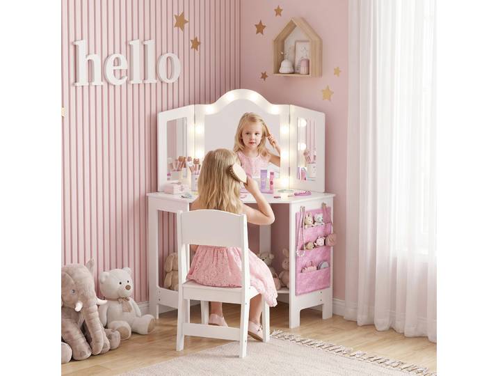 AIYAPLAY Kids Vanity Set White with LED Lights & Tri-Fold Mirror
