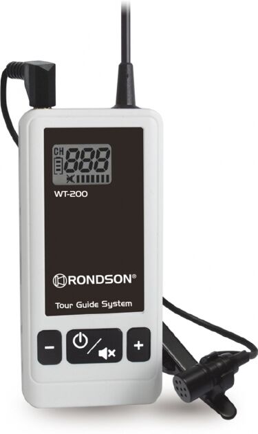 Rondson Emetteur WT-200T   Équipement de conférence Un émetteur avec micro-cravate au format compact – idéal pour les visites en tout genre.