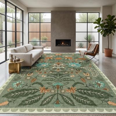 Garvee Vintage Floral Scalloped Border Living Room Area Rug
