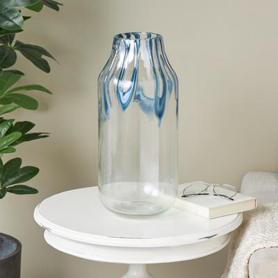 ARCILLA ELEMENTAL Cream Glass Abstract Vase with Wavy Blue Design