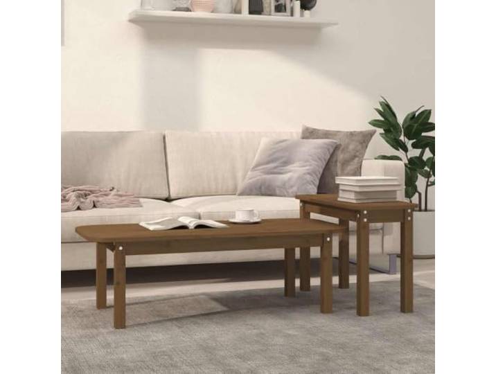 HEFZGDB 2-TLG. Couchtisch-Set aus massivem Kiefernholz in Honigbraun, platzsparendes Design mit robuster Tischplatte, Beistelltische für Wohnzimmer, rustikale Optik, vielseitig