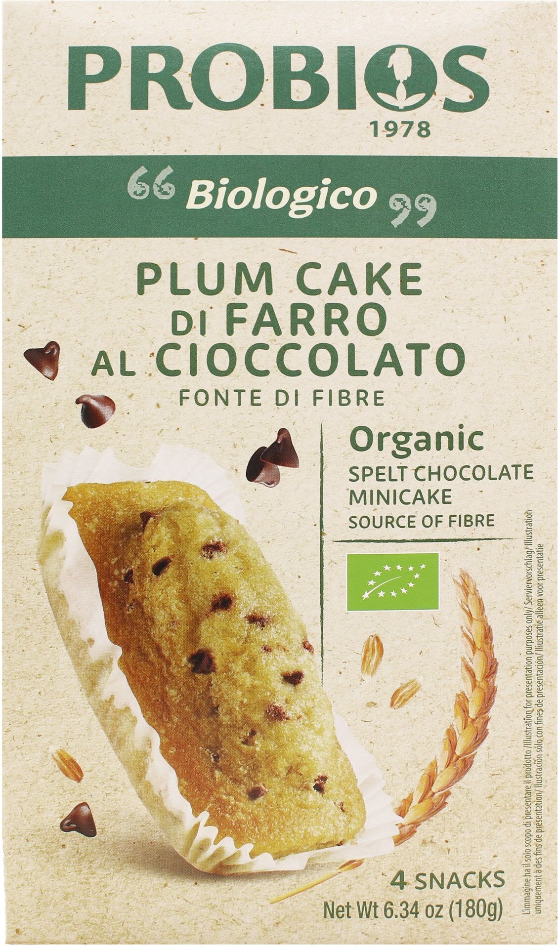 PROBIOS Altri Cereali - Plum Cake Con Amaranto E Gocce Di Cioccolato 4 Plumcake Da 45 Grammi 