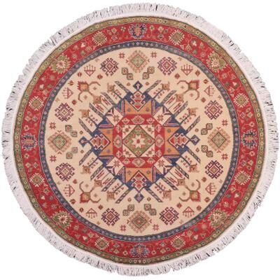 Treasured Knots Tribal Kazak Hailey Natural/Red Wool Round - 6'5'' x 6'6''