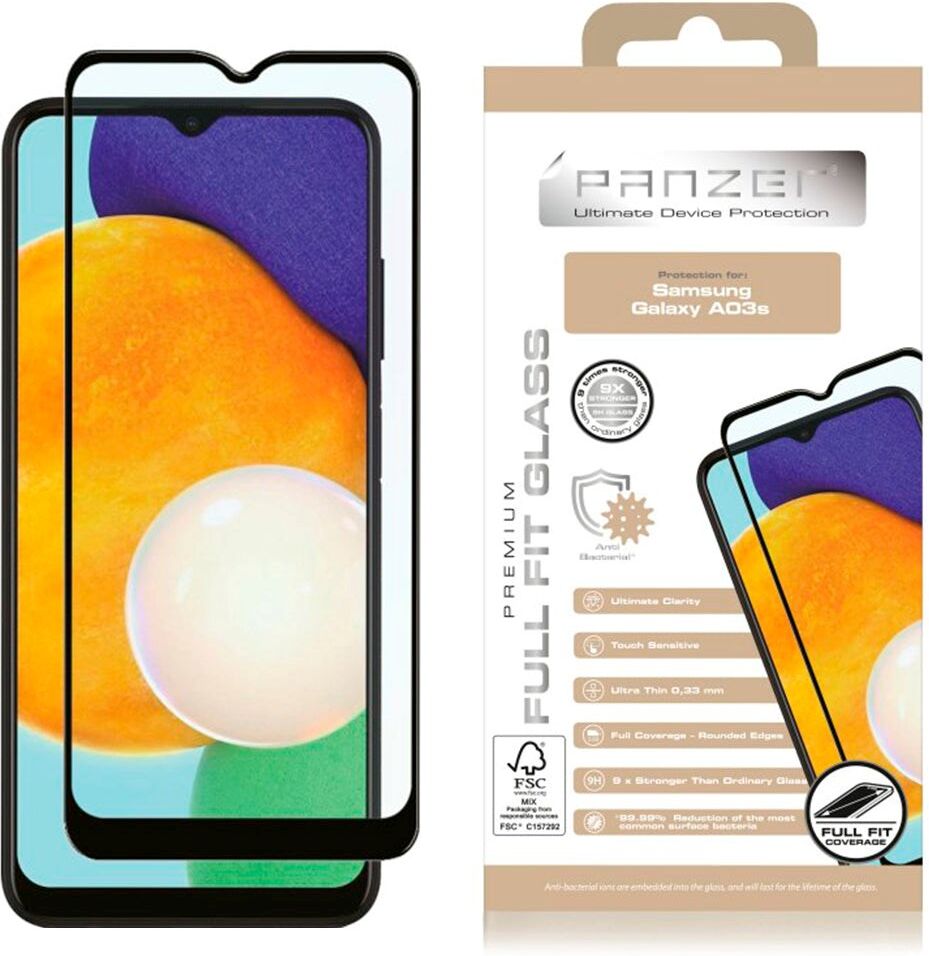 Samsung Galaxy A03s PANZER Premium Full Fit - Hærdet Glas - Sort Ramme