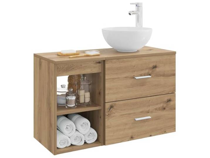 KTHLBRH Badezimmermöbel-Set, 2-teilig, Eiche handgefertigt Technisches Holz, Wandmontage, mit Waschbecken und Wasserhahn, 1 Schublade und 1 Einlegeboden