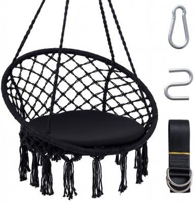 Costway Macrame Swing Chair Hammock Chair with Round Seat Cushion-Black