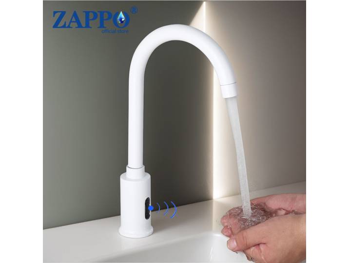 ZAPPO robinet de lavabo à capteur intelligent mélangeur d'eau chaude et froide monté sur le pont mains automatiques robinet à capteur sans contact blanc/or