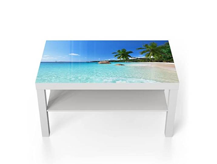 DEQORI Glastisch weiß groß 90x50 cm Motiv Bilderbuchstrand ausgefallener Beistelltisch aus Glas Hochglanz Couchtisch fürs Wohnzimmer moderner Couch Tisch mit Design