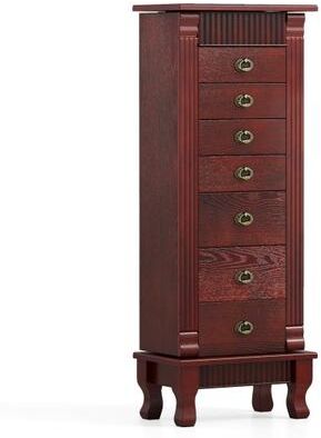 Costway Wooden Jewelry Armoire Cabinet Storage Chest with Drawers and Swing Doors-Brown