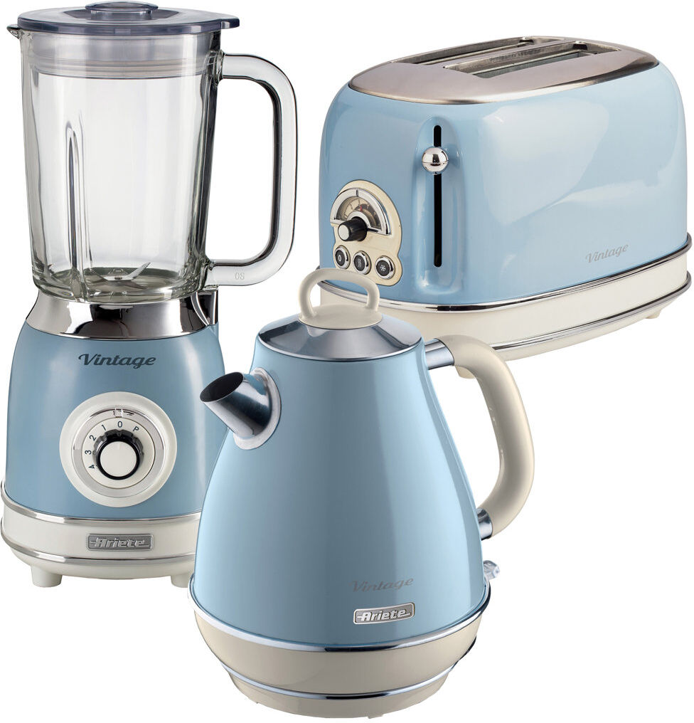 Ariete Vintage 1.7L Kettle With 2 Slice Toaster And 1.5L Glass Jug Blender Set Blue 1.7L