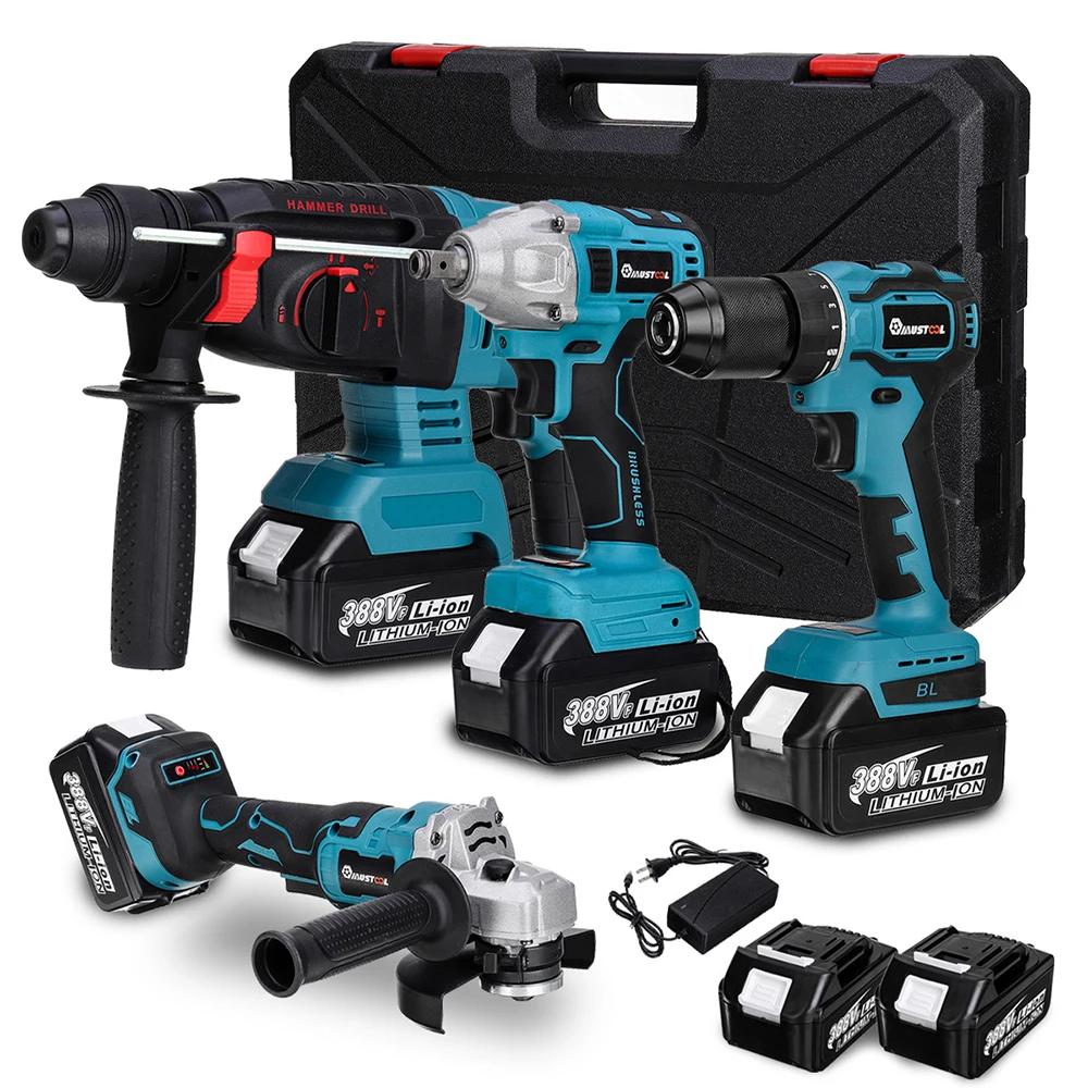 4-in-1 Akku-Elektrowerkzeug-Set - Schlagschrauber 800 Nm - Bohrhammer - Bohrmaschine 13 mm - Winkelschleifer 125 mm - Bürstenloser Motor - 2 Akkus