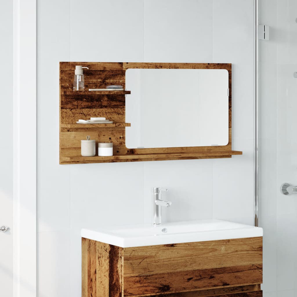 Ebern Designs Adji Flat Mirror with Shelves Old Wood 45cm x 90cm