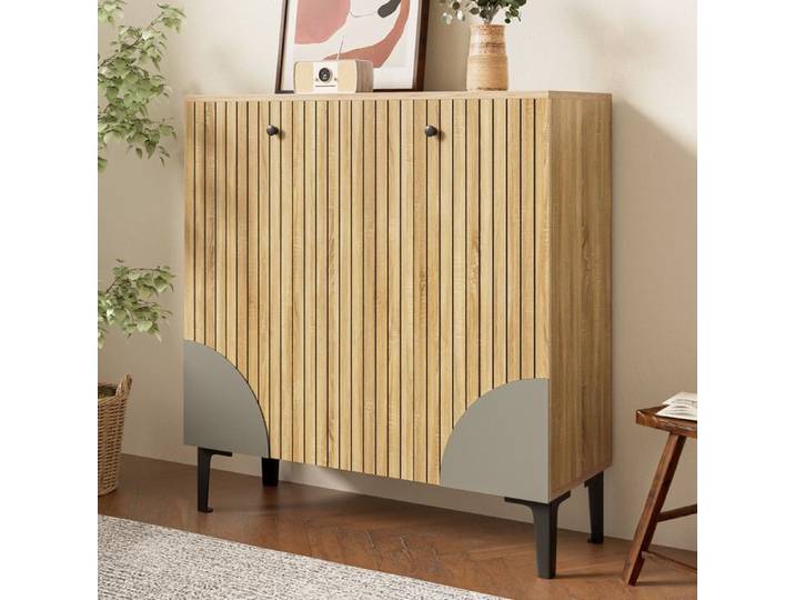 Meuble à chaussures - DREAMMESPACE - 90x32x94cm - 3 portes - Design scandinave - Bois naturel