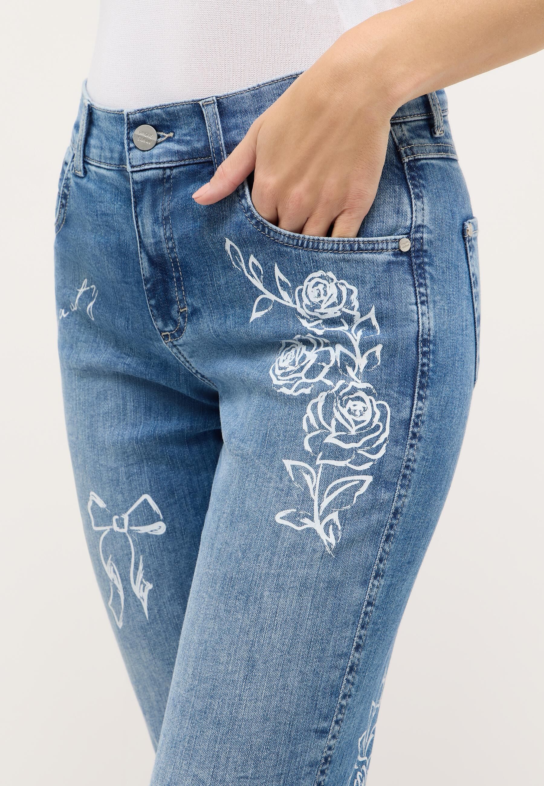 High-waist-Jeans ANGELS "Darleen Beauty", Damen, Gr. 44, Länge 30, blau (light blau random used), Denim/Jeans, Obermaterial: 91% Baumwolle, 6% Polyester, 3% Elasthan, bedruckt, unifarben, straight fit lang, Jeans High-waist-Jeans, mit floralen Prints und 