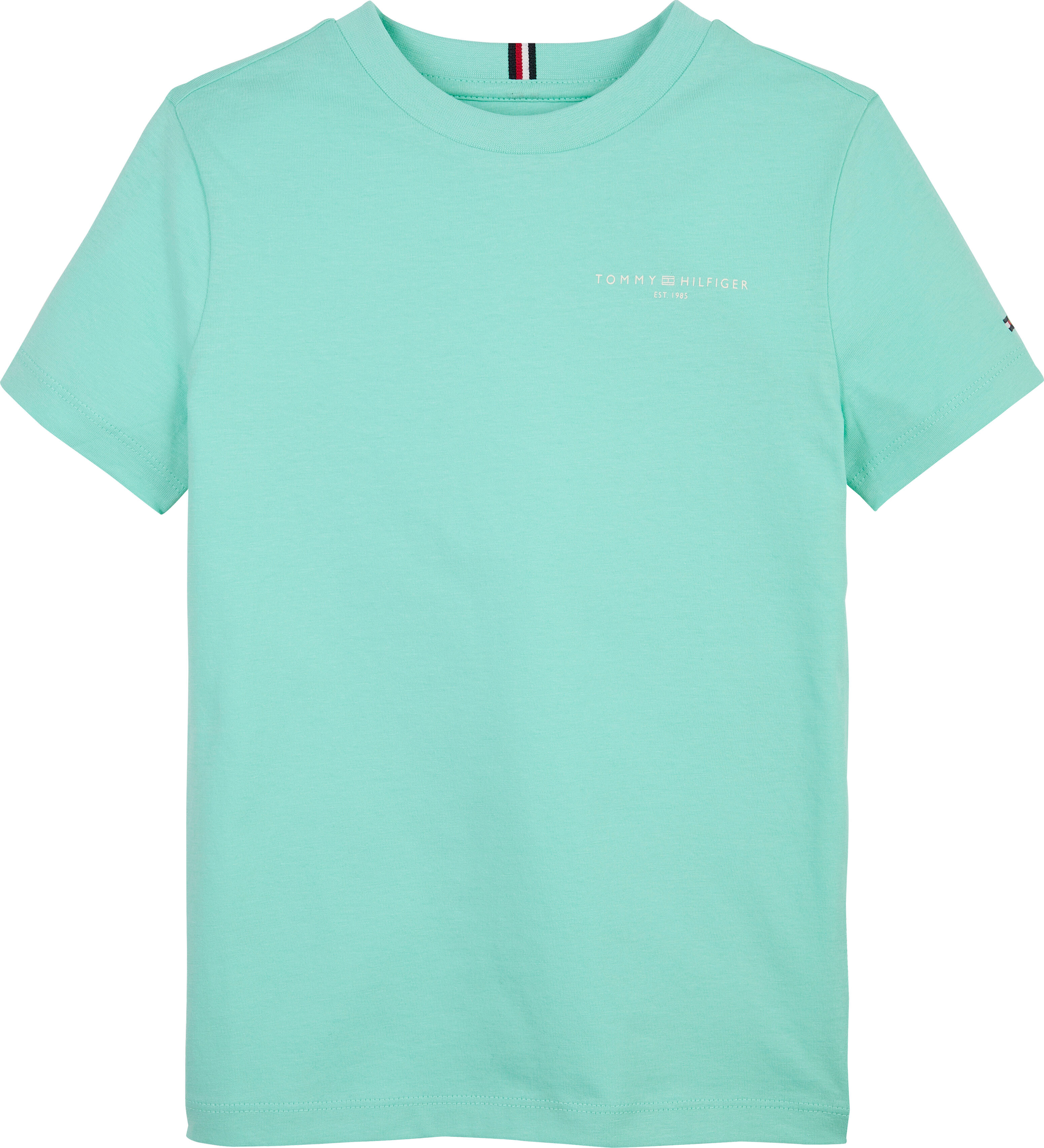 T-Shirt TOMMY HILFIGER "MINI CORP T-SHIRT", Jungen, Gr. 80, grün (menthol), Jersey, Obermaterial: 100% Baumwolle, unifarben, normal, Rundhals, abgesteppt, Shirts T-Shirt, in Unifarbe menthol 80