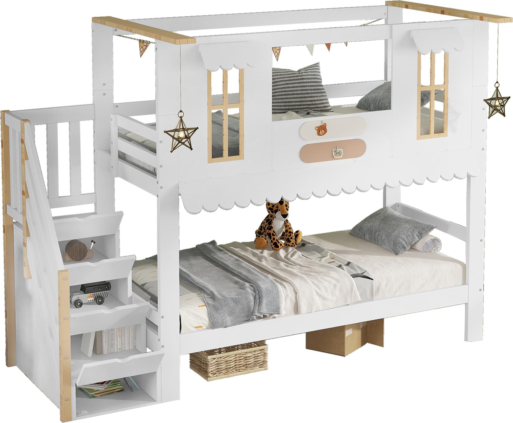 Etagenbett 90x200 cm in Weiß und Natur, mit Aufbewahrungstreppe, Fenster und wellenförmiger Dachkante, ohne Matratze