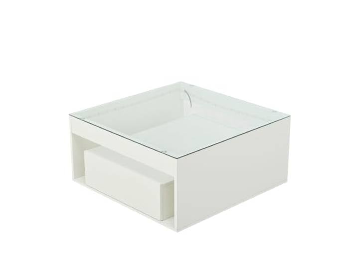 Couchtisch 70x70x35 cm Glas mit LED, Weiß Spanplatte, weißer Hochglanz, 70x70x36 cm, LED, Bluetooth, USB, für Wohnzimmer