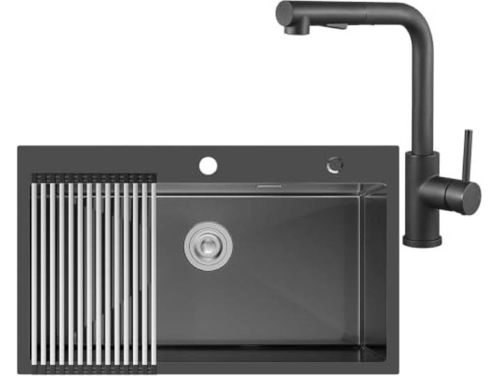 CECIPA 75 x 45 cm Spüle Schwarz Stahl mit L ausziehbarer Küchenarmatur, Küchenspüle 1 Becken schwarz Edelstahl für Schrank von 80 cm, mit Siphon und Ablauf