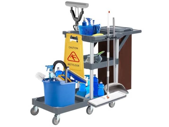Putzwagen Reinigungswagen mit 3 Ebenen, Profi Servierwagen Mit Abdeckung & Vinylsack, Robuster Kunststoff Reinigungstrolley Haushaltswagen Für Hotel, Büro, Apartment, Gewerbe