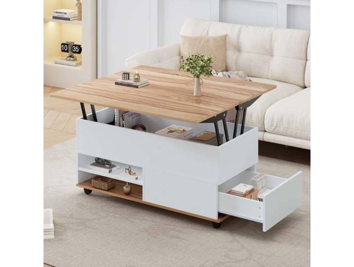 Table basse relevable 100x49-98x65 cm Table basse extensible salon avec 1 tiroir 1 porte rangement 4 roulettes - bois naturel