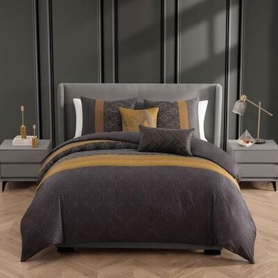 Zako Llc Golden Hex Comforter Bed Set Charcoal, Queen, Charcoal