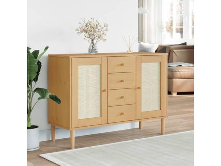 HEFZGDB Minimalistisches Sideboard mit Stauraum für Wohnzimmer im Retro und Boho Stil, Sideboard mit Rattan-Optik und Wiener Geflecht aus massivem Kiefernholz mit 4 Schubladen und 4