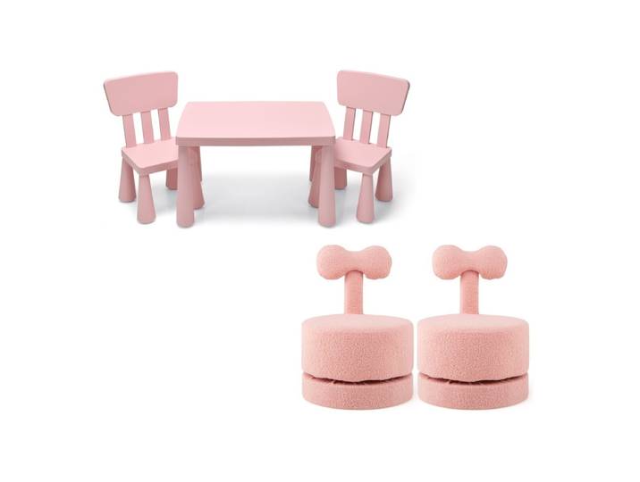Set met Tafel en 2 Kinderstoelen en Fluwelen Krukjes Set met Tafel en Kinderstoelen en Voetenbankjes