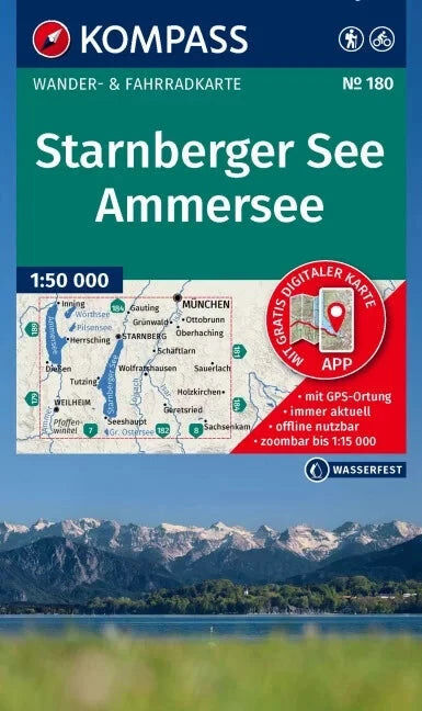 Carte de randonnée n° 180 - Lac de Starnberg, Lac Ammer (Bavière)   Kompass