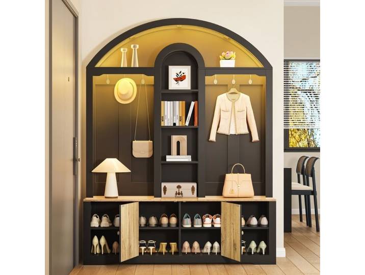 Meuble d'entrée Armoire Multifonction avec étagère à Chaussures étagères et Crochets Armoire Moderne 150x40x195cm Noir