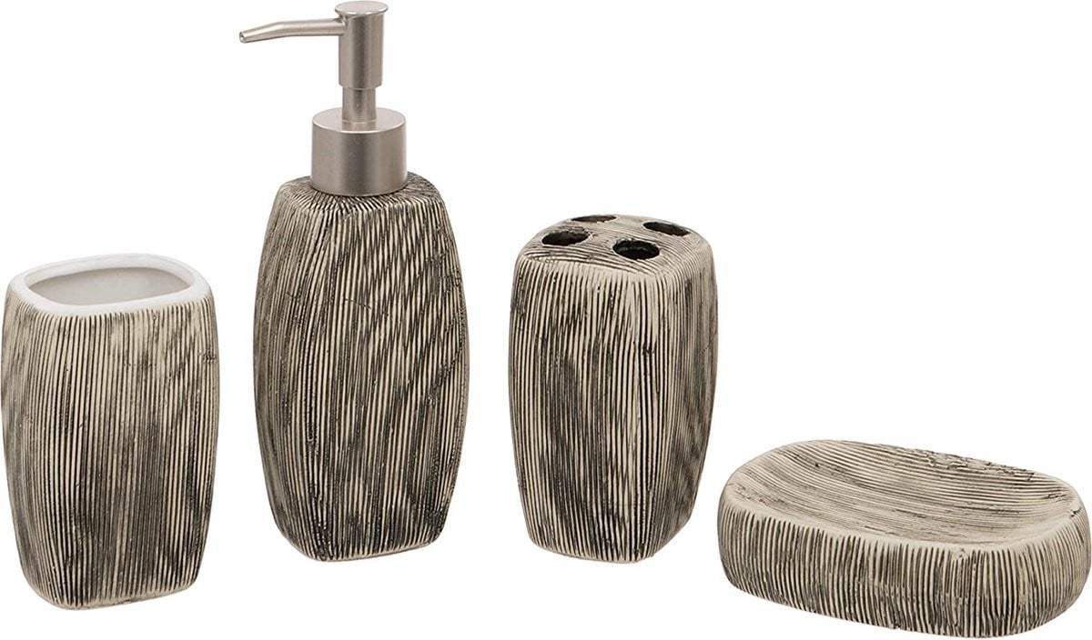 Grijs keramisch badkamer accessoires set met zeepdispenser, zeepbakje, tandenborstelhouder en beker