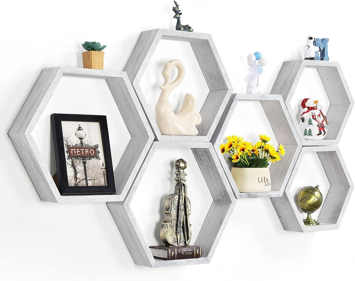 Set van 6 Zeshoekige Honingraat Wandplanken voor Wanddecoratie en Organisatie - Grijs