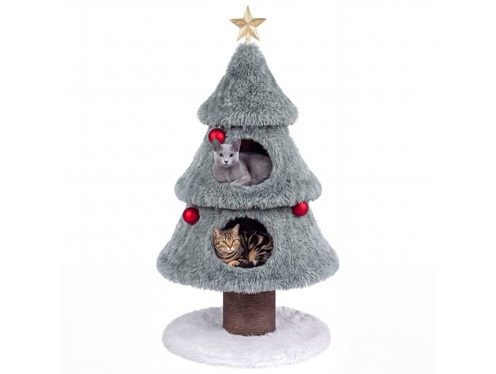 Kerstboomvormige Krabpaal voor 2 Katten met 2 Grote Huisjes Bekleed met Zacht Pluche Krabpaal Hangende Balletjes Groen