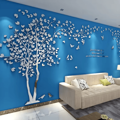 Inspire Curations 3D Tree Acrylic Mirror Wall Decor silver Left l About 3x1.5m