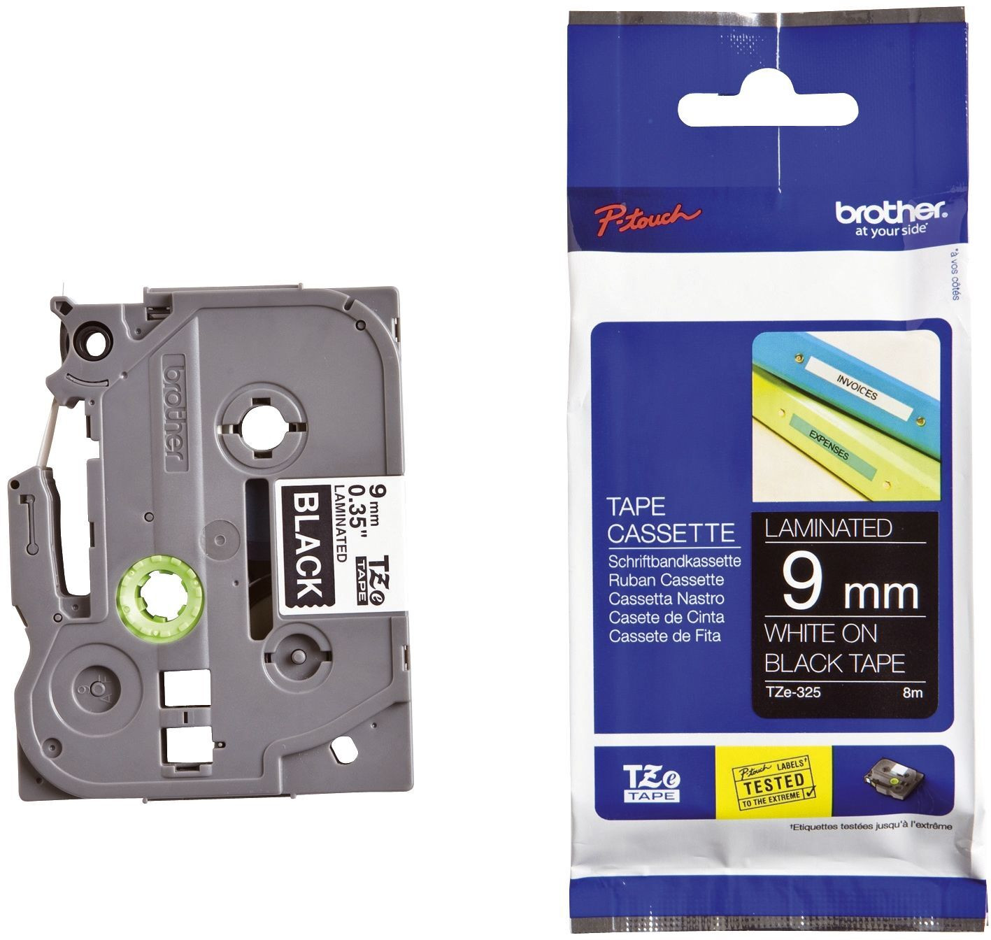 Brother TZE325 TZe-325 labelbandcassette, gelamineerd, 9 mm x 8 m, wit op zwarte achtergrond