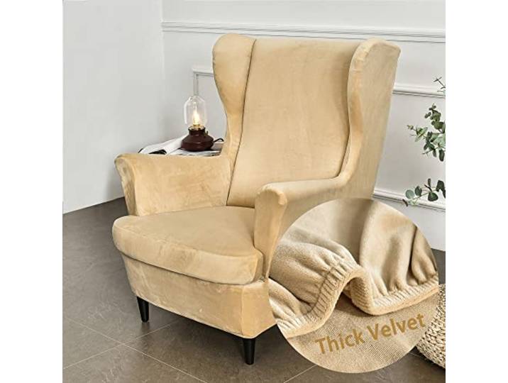 Highdi Housse de Fauteuil à Oreilles Velours Extensible 2-Pièces Couverture de Fauteuil avec Housse de Coussin en T\, Couleur Unie Mode Housse de Fauteuil Antidérapante pour Strandmon\,Chambre (Kaki)
