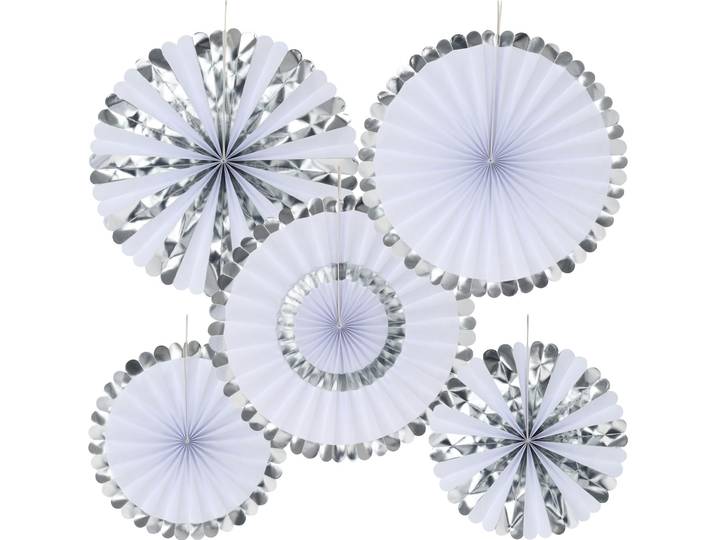 Deko-Fächer aus Papier, 5 Stück, silber und weiss