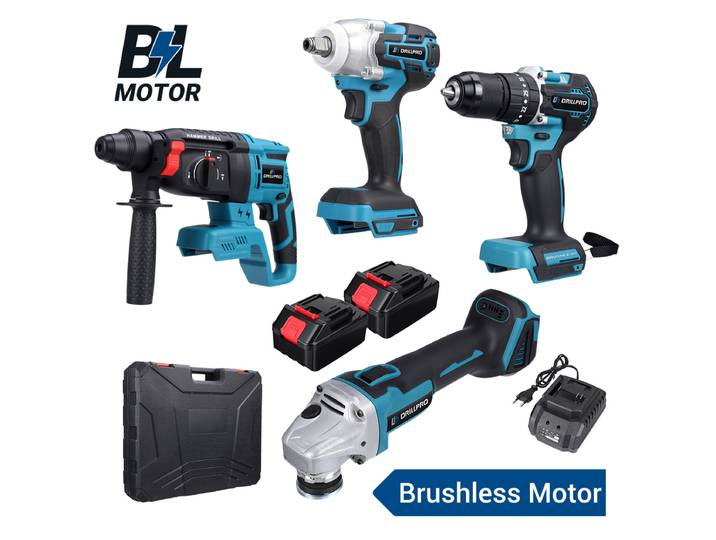 Drillpro 4 pièces ensemble d'outils électriques 800N.m clé électrique 125mm meuleuse d'angle marteau électrique sans brosse 10mm perceuse avec 2 batteries