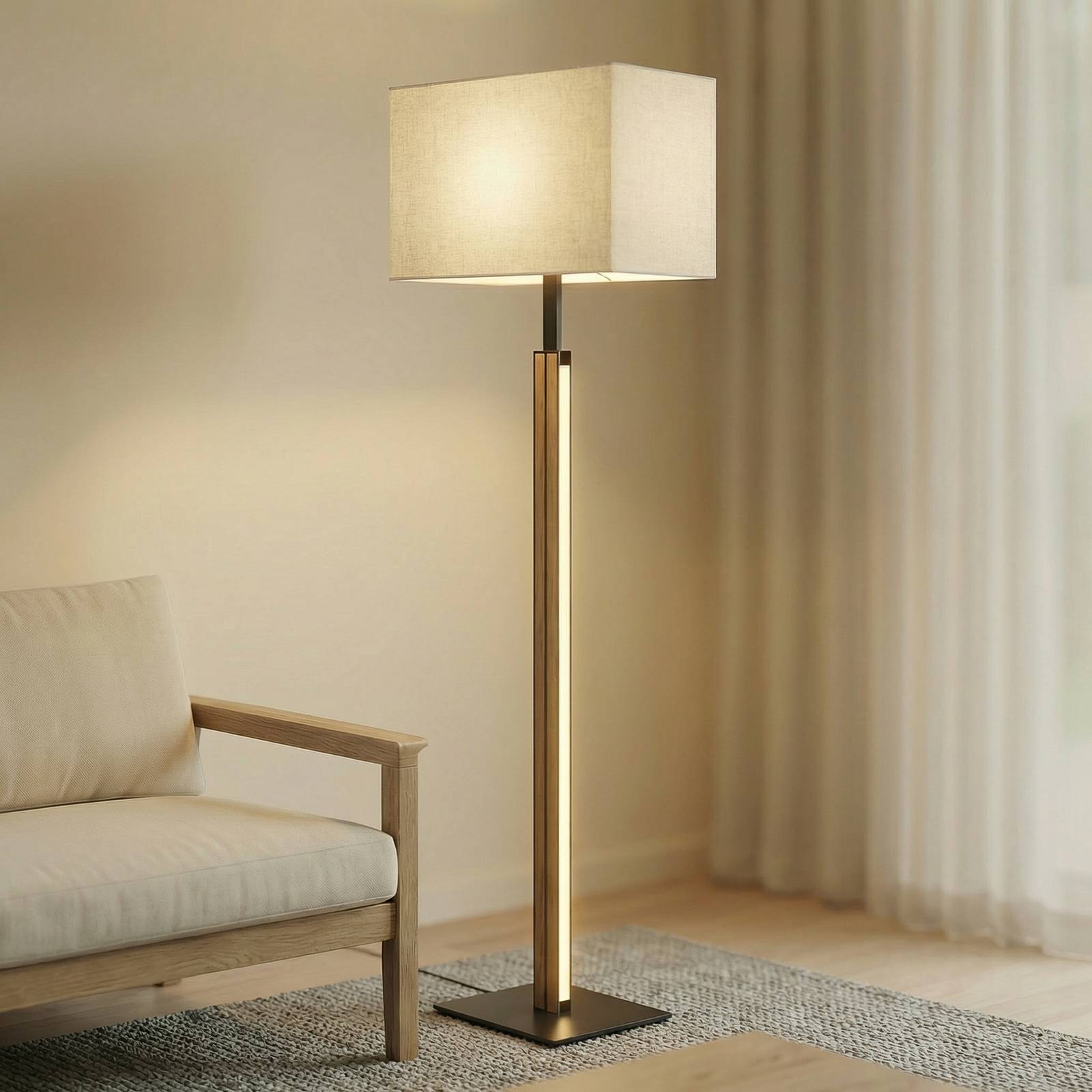 Stehlampe Lisene Quitani, dimmbar, Holz hell, für Wohn- / Esszimmer, Metall, Design, Stehlampe