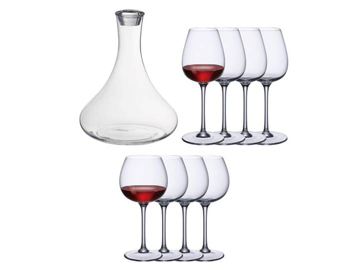 Rotweinglas VILLEROY & BOCH Rotweingläser + Karaffe PURISMO WINE 9er Set transparent , bunt (transparent), B:2cm H:2cm, Glas, Trinkgefäße, Rotweinglas, Spülmaschinenfest