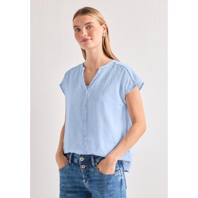 Shirtbluse STREET ONE, Damen, Gr. 44, blau (cashmere blau), Web, 100% Baumwolle, unifarben, normal normal, Rundhals, abgesteppt, Blusen, aus reiner Baumwolle